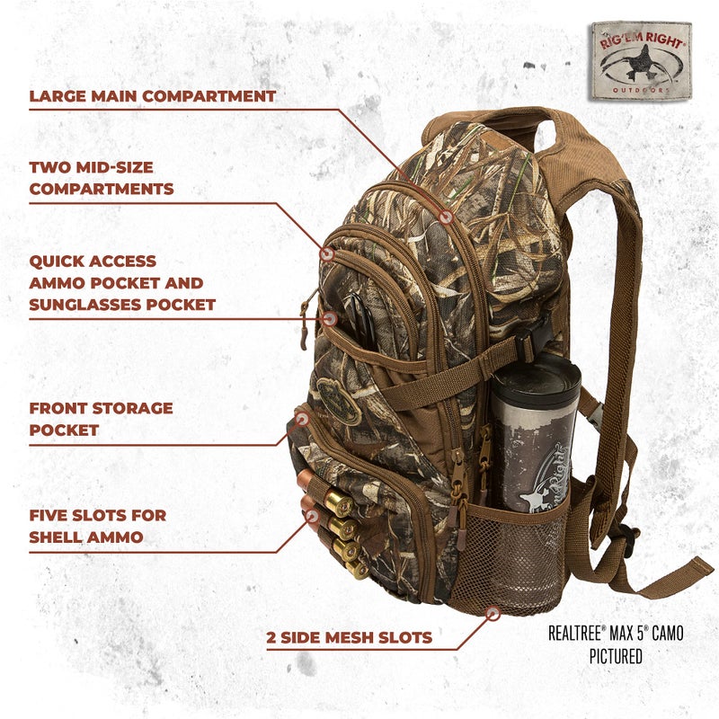 Rig Em Right Rig'Em Right Waterfowl Stump Jumper Duck Hunting Blind Backpack with Multi-Layered Padded Shoulder Straps and Back Support, Ammo pockets, Sunglasses Case and More (Mossy Oak Bottom Lands Camo) - Image 2